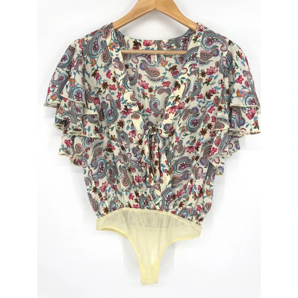 Free People Intimately Call Me Later Paisley Floral Ruffle Tie Front Bodysuit XS